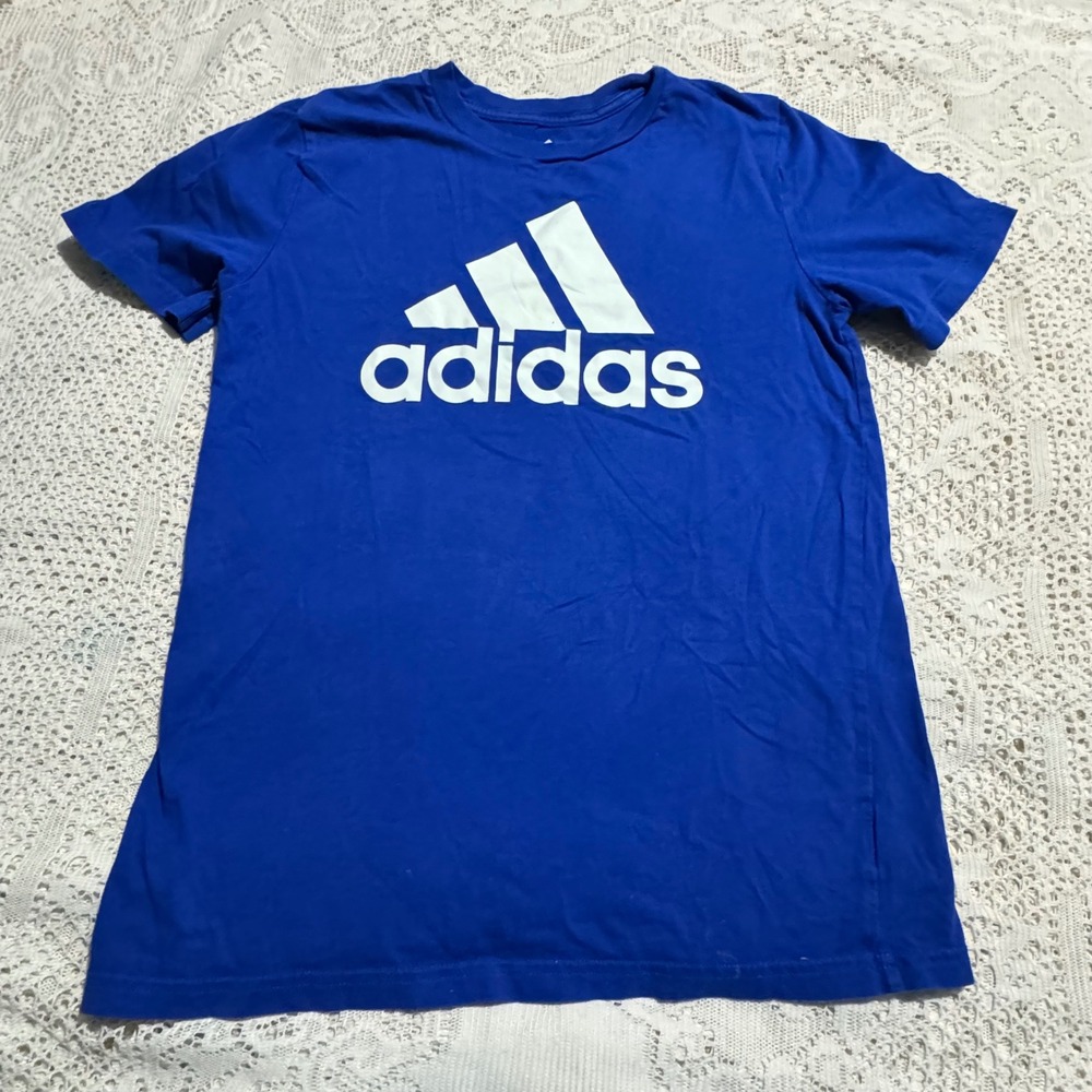 Adidas Kids T Shirt Royal Blue Logo Graphic Cotton Short Sleeve Size M 10 12